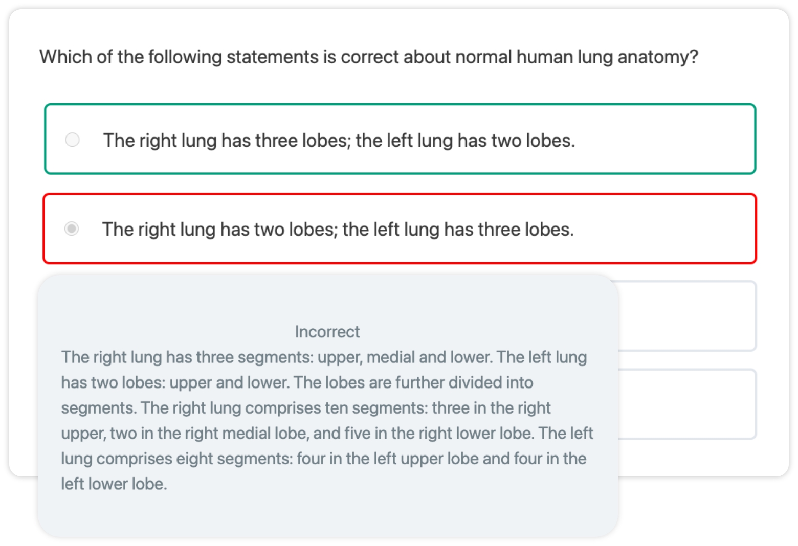 Multiple choice question showing right and wrong answer.